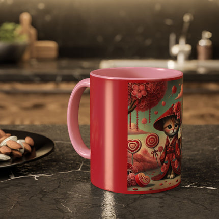 Whimsical Geisha Kitten in a Valentine Garden Colorful Mugs (11oz, 15oz)