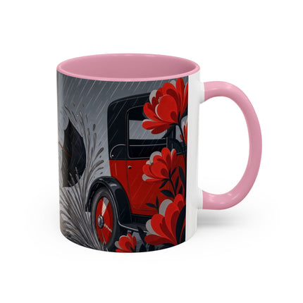 ☔🌹 The Scarlet Rainstorm Promenade Colorful Mug – Art Deco Motoring Elegance