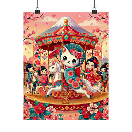 🎠🌸 Geisha Kitten's Enchanted Carousel Ride Matte Vertical Poster – Whimsical Dreams & Cherry Blossom Magic