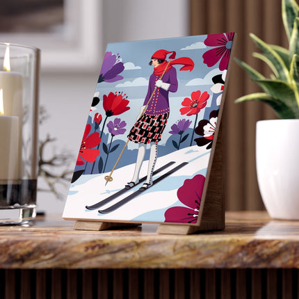 🎿🌺 The Winter Flower Skier Ceramic Tile – Art Deco Alpine Fantasy