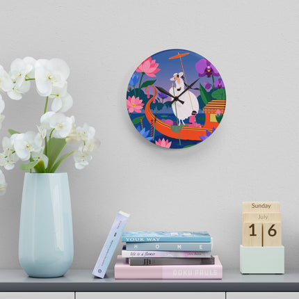 🪷🚣 The Lady Of The Lotus Lake Acrylic Wall Clock – Art Deco Botanical Fantasy