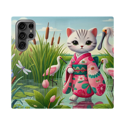 🦩🌸 Geisha Kitten Strolls Among the Spoonbills Flip Case – Serene Grace & Marshland Wonder