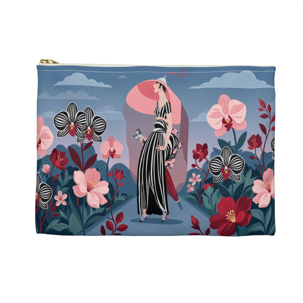 🌸🖤 The Striped Orchid Promenade Accessory Pouch – Art Deco Floral Fashion
