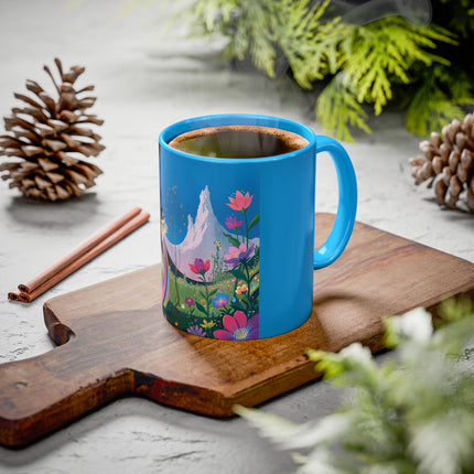 The Lady And The Moonlit Peak Colorful Mugs – Art Deco Alpine Garden Elegance
