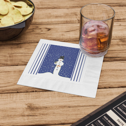 Snowman in Falling Snow White Coined Napkins