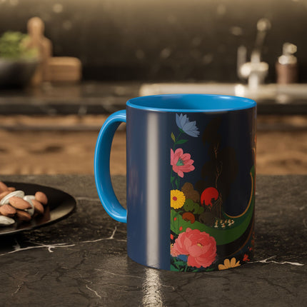 The Lady And The Crimson Moonbird Colorful Mugs – Art Deco Whimsical Garden Elegance