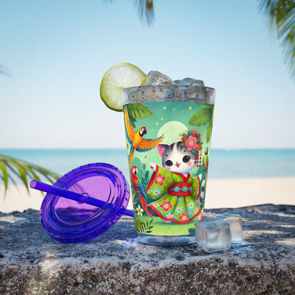 Parrot Dance of the Geisha Kitten Sunsplash Tumbler with Straw, 16oz