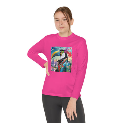 Cyber Toucan Chic Youth Long Sleeve Competitor Tee – Neon Feathers & Futuristic Style