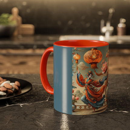 Golden Dragon & Lantern Lady Colorful Mug – Imperial Dragon & Elegant Harmony