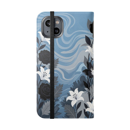 🖤🤍 The Lady Of The Black Rose Garden Flip Case – Art Deco Floral Elegance