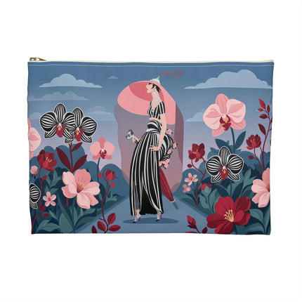🌸🖤 The Striped Orchid Promenade Accessory Pouch – Art Deco Floral Fashion