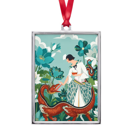 🐉🌿 The Lady Of The Enchanted Dragon Portrait Frame Ornament – Art Deco Botanical Whimsy