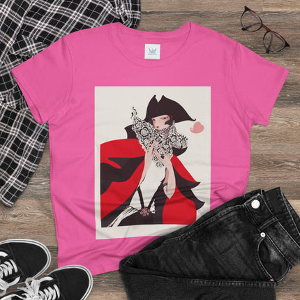 Crimson Masquerade Women's Midweight Cotton Tee – Dramatic Elegance & Art Deco Mystery