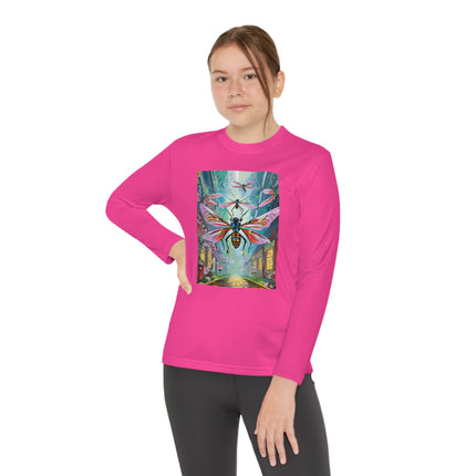 Neon Swarm Youth Long Sleeve Competitor Tee – Cyberpunk Flight & Futuristic Energy
