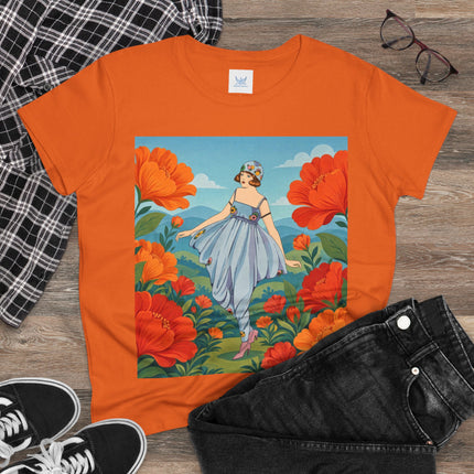 🌺🩵 The Poppy Hill Promenade Cotton Tee – Art Deco Fashion Whimsy