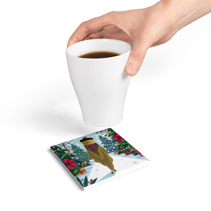 🎄🌺 The Lady Of The Christmas Shawl Ceramic Coaster – Art Deco Holiday Elegance