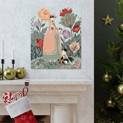 🌸🐈 The Lady And Puss In Boots Grand Floral Promenade Matte Vertical Poster – Art Deco Fashion Whimsy
