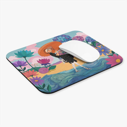 🌊☂️ The Lady Of The Orange Parasol Mouse Pad – Art Deco Seaside Fantasy