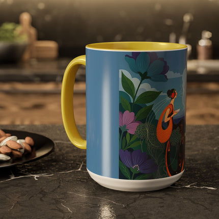 The Lady And The Sea Breeze Colorful Mugs – Art Deco Coastal Serenity
