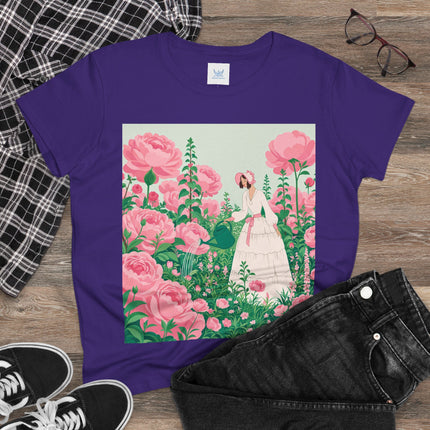 🌸💧 The Rose Garden Watering Cotton Tee – Art Deco Floral Whimsy