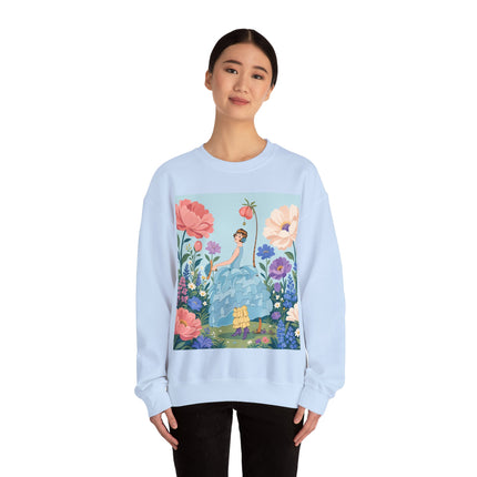 🌸🩵 The Blue Ruffle Garden Crewneck Sweatshirt – Art Deco Floral Whimsy