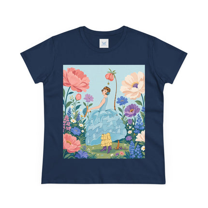 🌸🩵 The Blue Ruffle Garden Cotton Tee – Art Deco Floral Whimsy