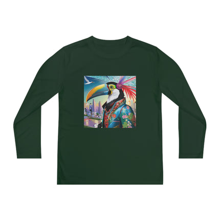 Cyber Toucan Chic Youth Long Sleeve Competitor Tee – Neon Feathers & Futuristic Style