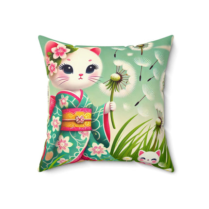 Geisha Kitten and the Dandelion Wish Spun Polyester Square Pillow