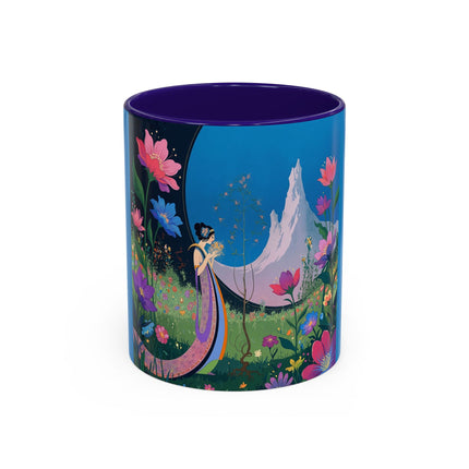 The Lady And The Moonlit Peak Colorful Mugs – Art Deco Alpine Garden Elegance