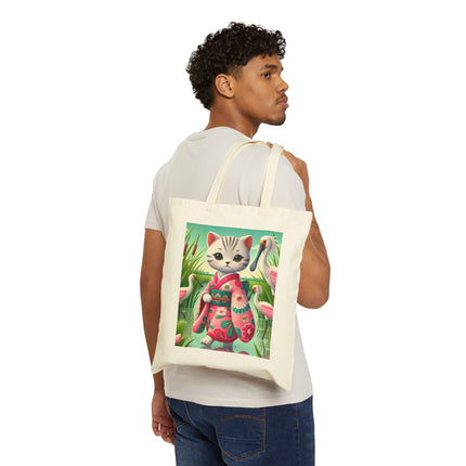 Geisha Kitten Strolls Among the Spoonbills Cotton Canvas Tote Bag – Serene Grace & Marshland Wonder