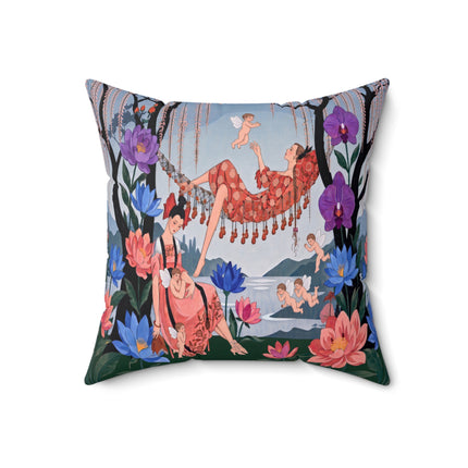🌸🪽 The Garden Of Little Cupids Square Pillow – Art Deco Floral Fantasy