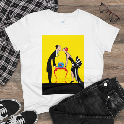 Moment of Elegance: A Passionate Embrace Amidst Golden Splendor Women's Midweight Cotton Tee