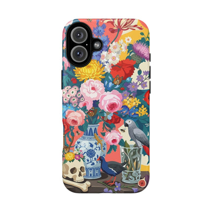 Floral Vanitas Phone Case – Parrot & Porcelain Splendor