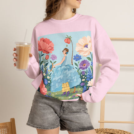 🌸🩵 The Blue Ruffle Garden Crewneck Sweatshirt – Art Deco Floral Whimsy