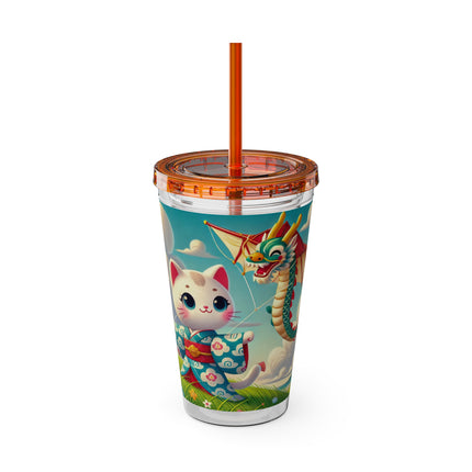 Geisha Kitten and the Dragon Kite Sunsplash Tumbler with Straw, 16oz