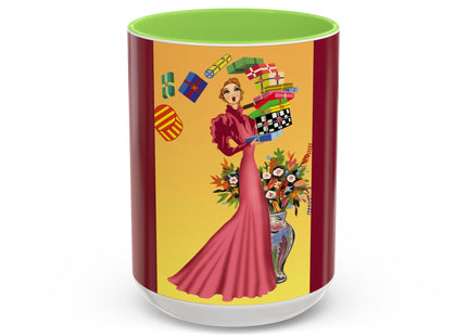 Elegant Holiday Woman with Gifts Colorful Mugs (11oz, 15oz)