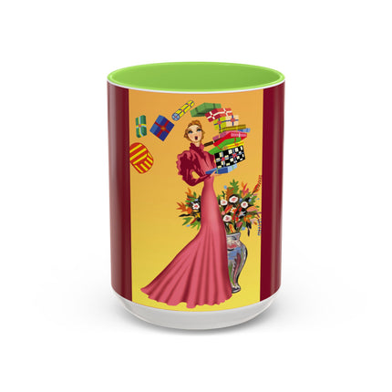 Elegant Holiday Woman with Gifts Colorful Mugs (11oz, 15oz)