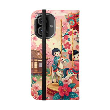 🎠🌸 Geisha Kitten's Enchanted Carousel Flip Case – Whimsical Dreams & Cherry Blossom Magic