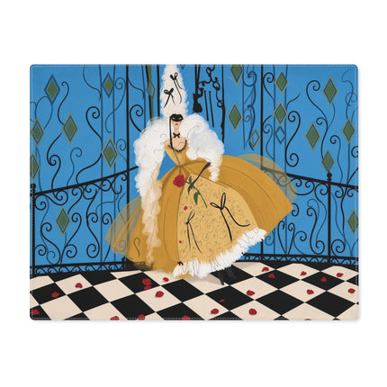 🎭🌹 The Lady At The Masquerade Gates Placemat – Art Deco Fashion Illustration