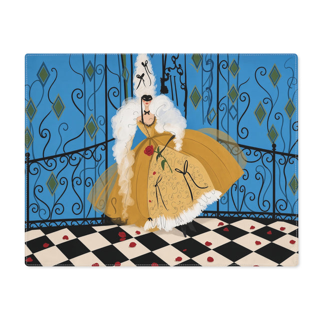 🎭🌹 The Lady At The Masquerade Gates Placemat – Art Deco Fashion Illustration