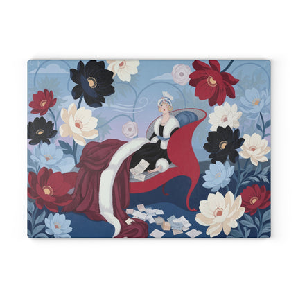 🌺💌 The Lady Of The Scarlet Chaise Glass Cutting Board – Art Deco Floral Fashion Elegance