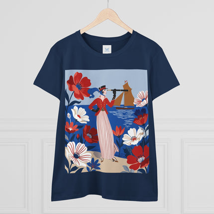 ⚓🌺 The Seaside Flower Adventurer Cotton Tee – Art Deco Nautical Fashion