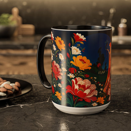 🌺🐦 The Enchanted Birdcage Garden Colorful Mug – Art Deco Floral Fantasy