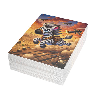 🦓💥 The Little Zebra Battlefield Dash Greeting Card – Whimsical Animal Adventure