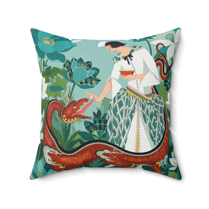 🐉🌿 The Dragon Keeper Square Pillow – Art Deco Floral Fantasy