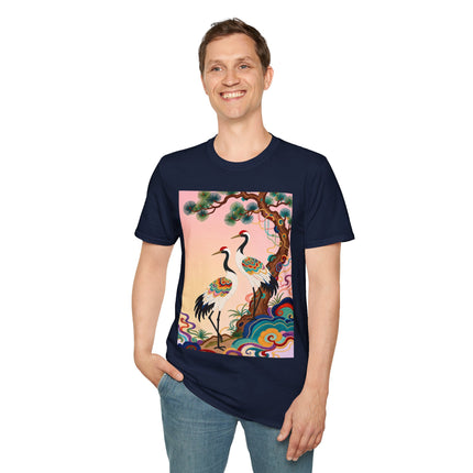 🐦🌸 The Enchanted Crane Garden Softstyle T-Shirt – Oriental Elegance & Colorful Harmony
