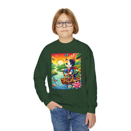 Sailor Kitten’s River Adventure Youth Crewneck Sweatshirt – Exploration, Joy & Storybook Adventure