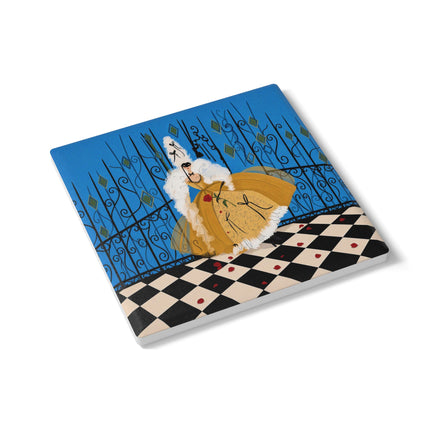 🎭🌹 The Lady At The Masquerade Gates Ceramic Coaster – Art Deco Fashion Illustration