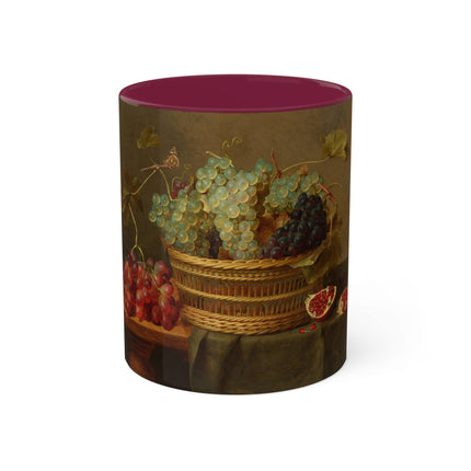 Basket of Grapes and a Pomegranate on a Table by Jacob van Hulsdonck Colorful Mugs, 11oz