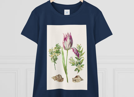 Tulip flower with Two Branches of Myrtle and Shells Cotton Tee
